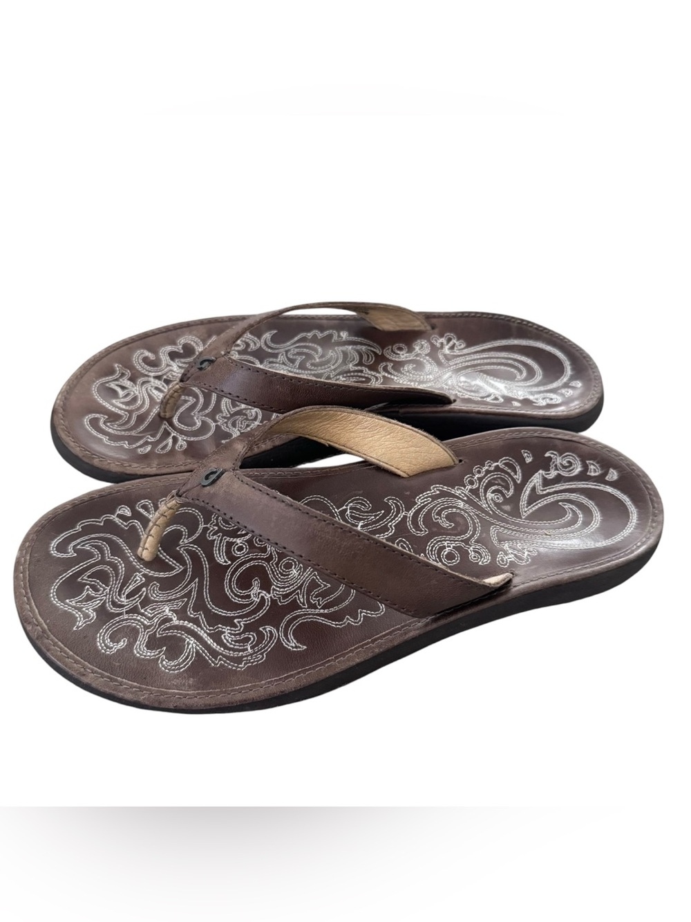 Olukai Paniolo Brown Leather Flip Flop Sandals Size 8 - Picture 9 of 11
